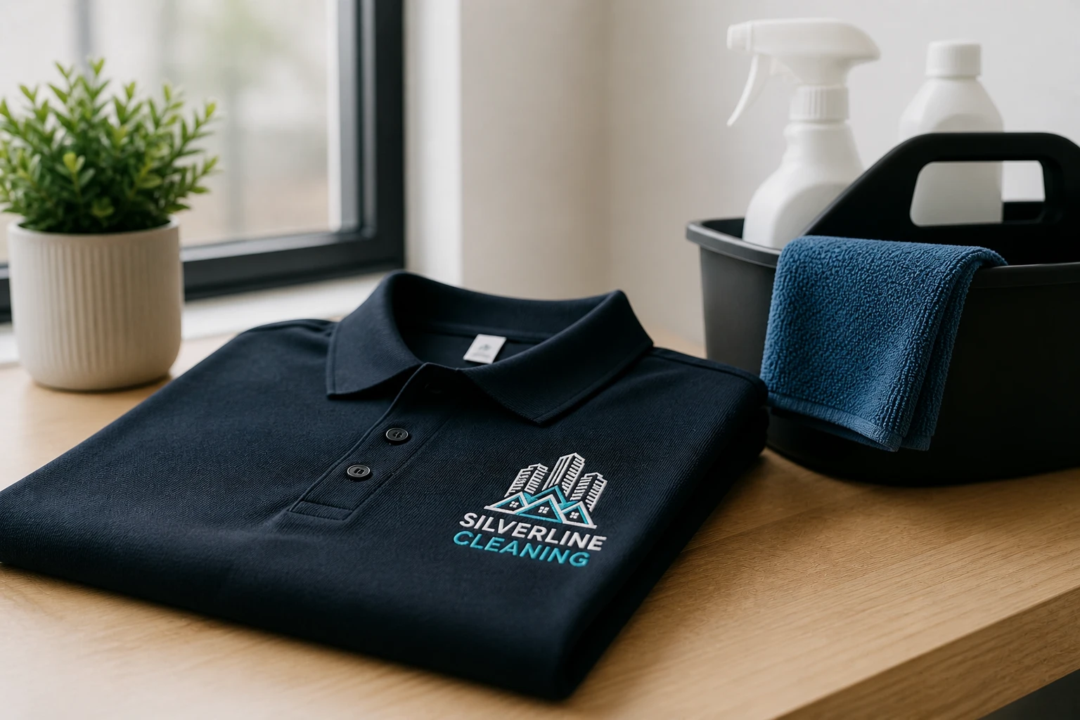 Silverline Cleaning branded uniform and cleaning supplies